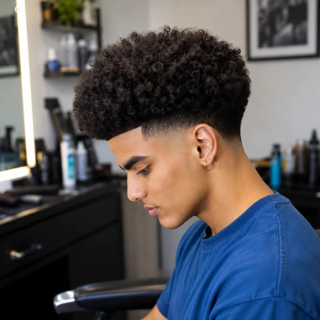 Pria muda dengan rambut keriting high top dan potongan low fade yang tajam di barbershop modern.
