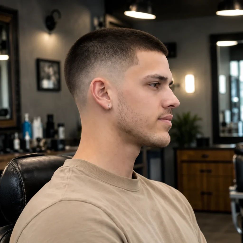 Pria muda dengan potongan rambut buzz cut fade yang rapi sedang duduk di barbershop modern dalam ruangan, menampilkan rambut cokelat gelap, sisi skin fade yang halus, janggut tipis (stubble), dan kaos hitam.
