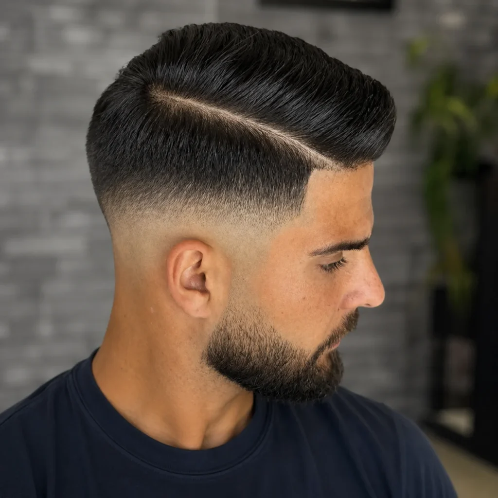 Potongan rambut skin fade yang rapi dengan hard part yang tajam dan gaya slick comb-over, dipadukan dengan janggut yang terawat dalam potret bergaya barbershop modern.
