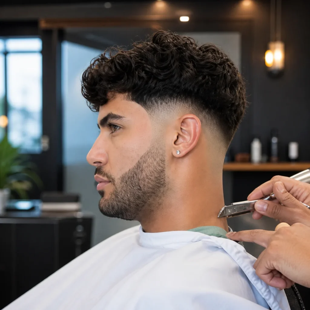 Tampilan samping dari potongan rambut curly fade bertekstur dengan low skin fade yang rapi serta garis jenggot yang tajam, seorang barber sedang merapikan garis leher di dalam suasana barbershop modern.
