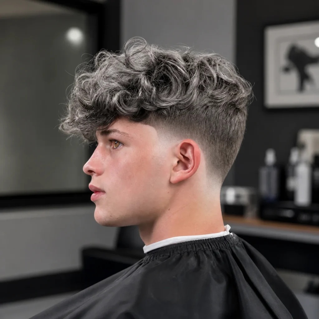 Curly textured top dengan low skin fade yang rapi di bagian samping, menampilkan potongan rambut modern dan tajam pada pria muda di suasana barbershop profesional.
