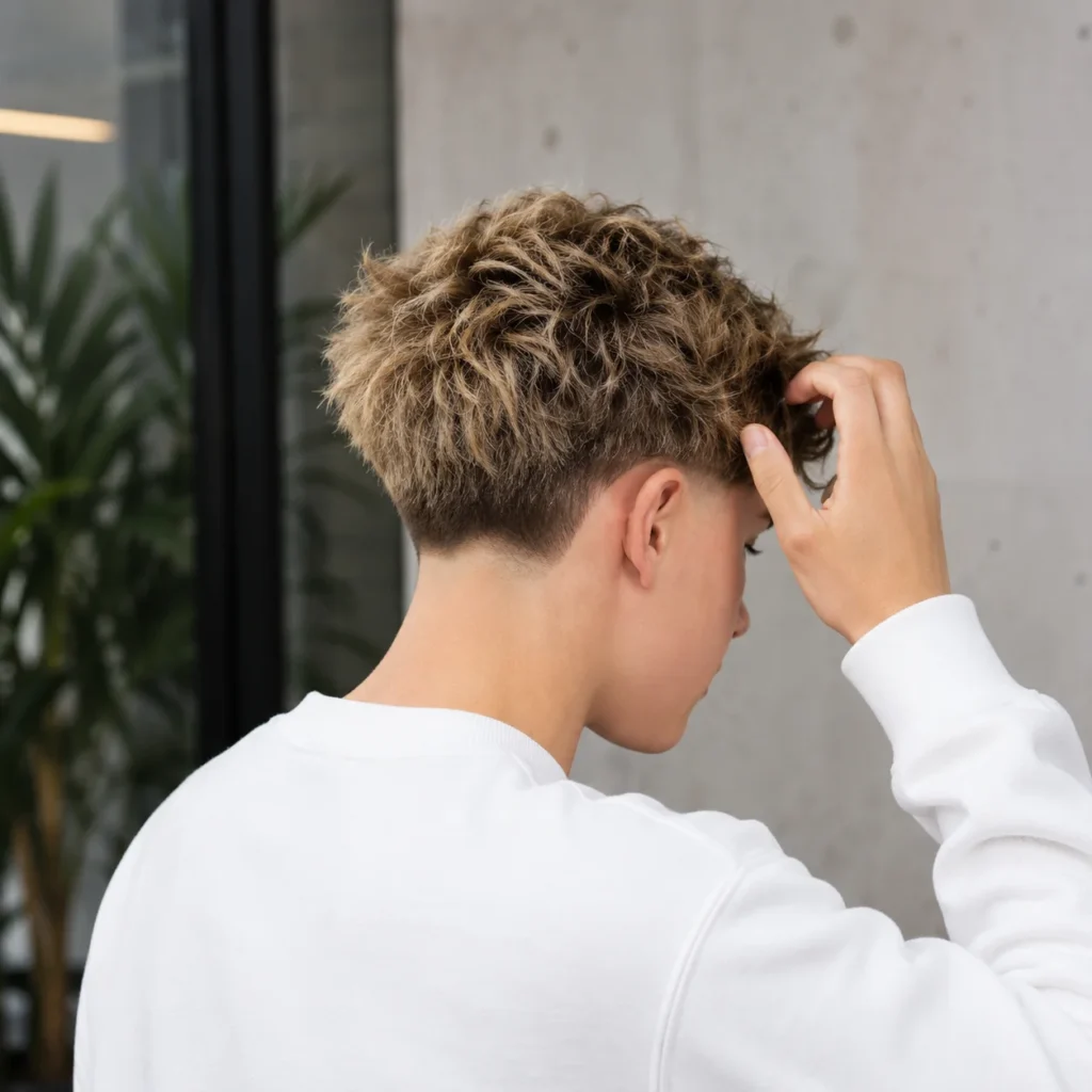 Potongan rambut low fade pirang bertekstur dengan bagian atas keriting yang berantakan, tampilan profil belakang-samping, dan latar belakang indoor modern untuk inspirasi gaya rambut pria.
