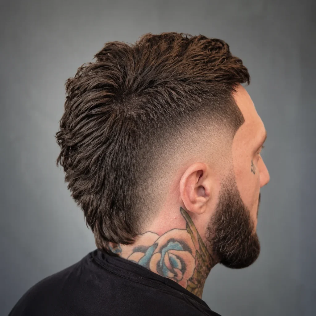 Profil sisi seorang lelaki muda dengan potongan rambut textured mullet fade dan janggut penuh, memakai kemeja gelap, menampilkan gaya rambut moden dengan sisi yang di-fade kemas serta tatu di leher.

