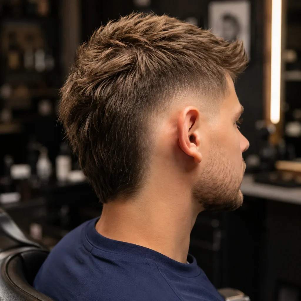 Textured mullet fade haircut dengan sisi yang ditaper dan rambut cokelat alami, tampilan profil samping-belakang di barbershop modern.
