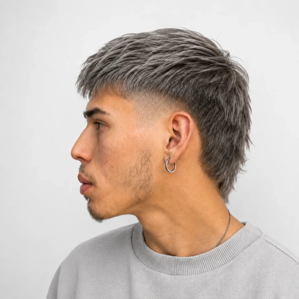 Tampilan samping seorang pria dengan potongan rambut textured silver crop dan mid fade yang rapi, menampilkan gaya rambut fade modern dengan latar belakang abu-abu muda.