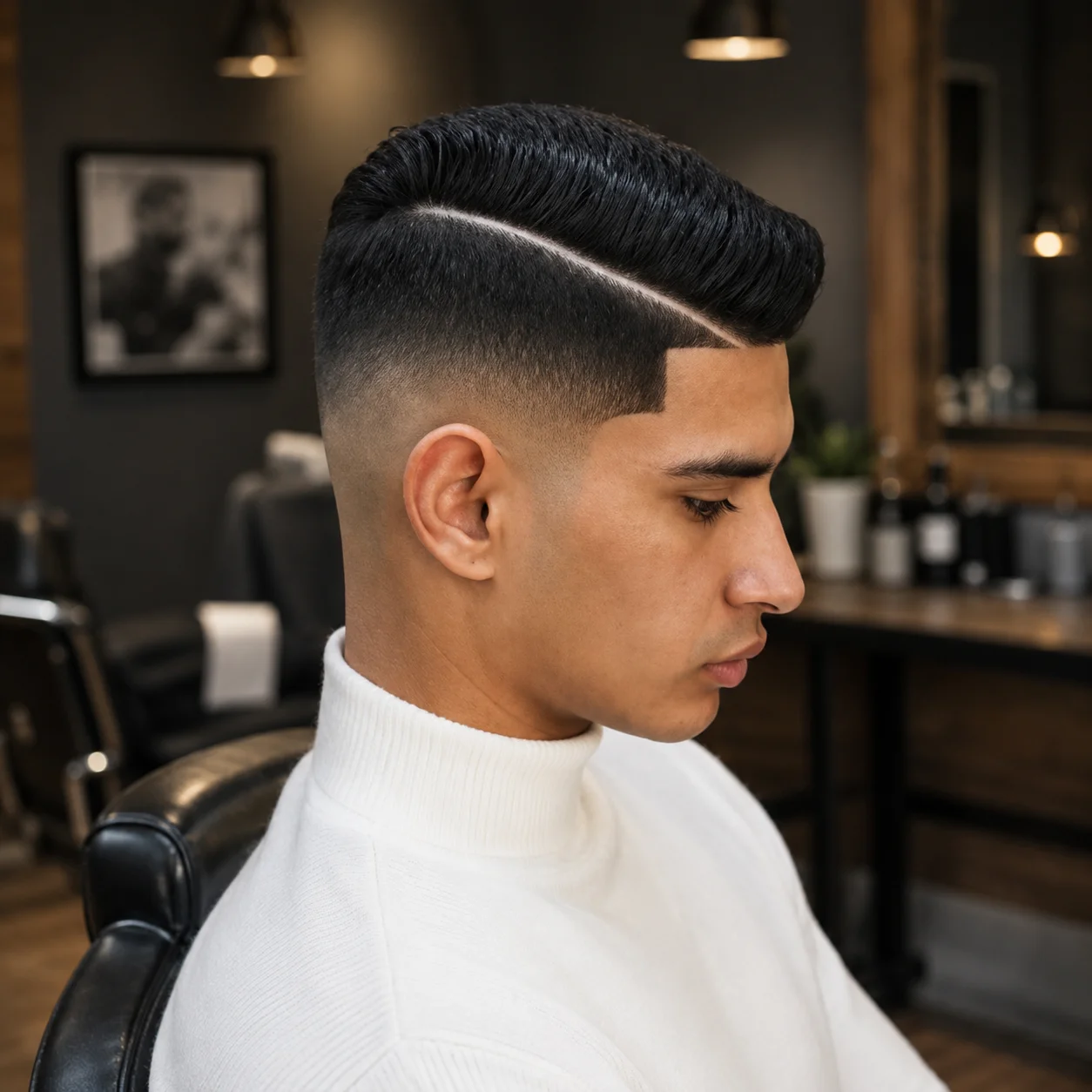 Pria dengan potongan rambut mid taper fade, garis hard part yang tegas, dan gaya rambut klimis tersisir rapi, menampilkan gaya fade modern yang bersih dan profesional dari barbershop