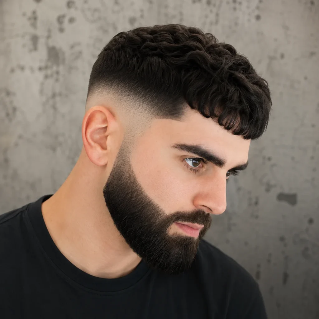 Side profile seorang pria dengan potongan rambut mid fade rapi dan gaya rambut textured top, menampilkan sisi yang dibaur tajam serta tampilan fade haircut pria modern dengan latar studio yang stylish.