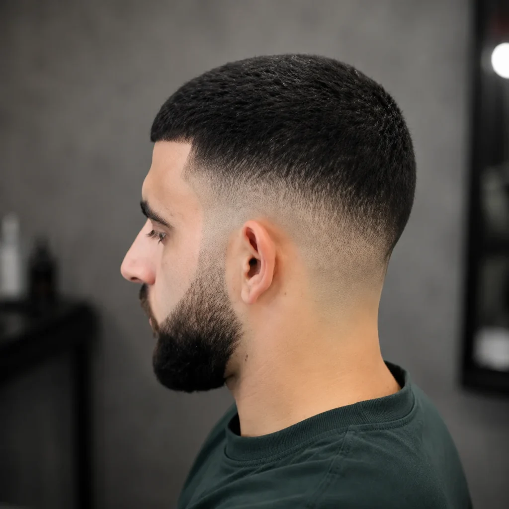 Side profile seorang pria muda dengan potongan rambut high fade yang bersih dan janggut yang rapi, mengenakan kemeja hijau tua di dalam suasana barbershop modern.