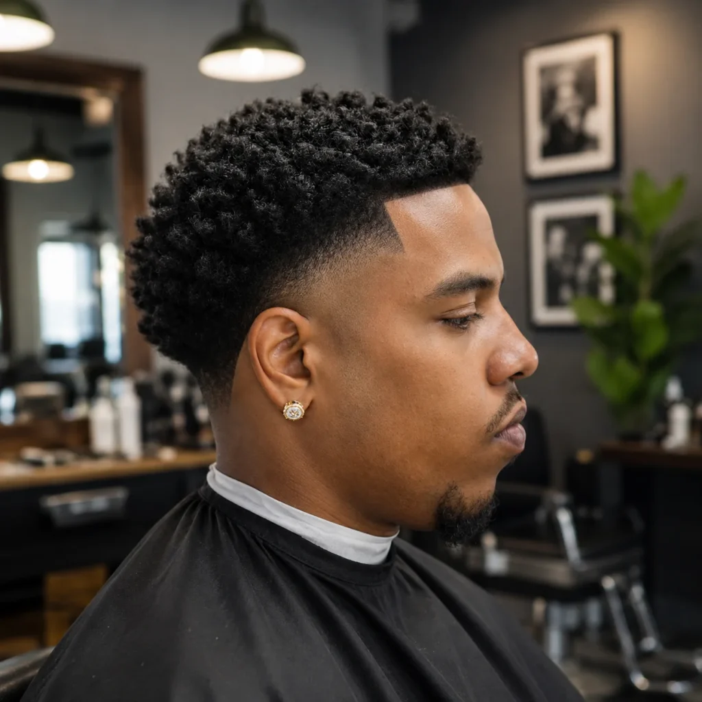 Potongan rambut temple fade dengan bagian atas rambut keriting bertekstur dan garis rambut tajam, ditata di barbershop modern untuk tampilan yang rapi dan trendi.
