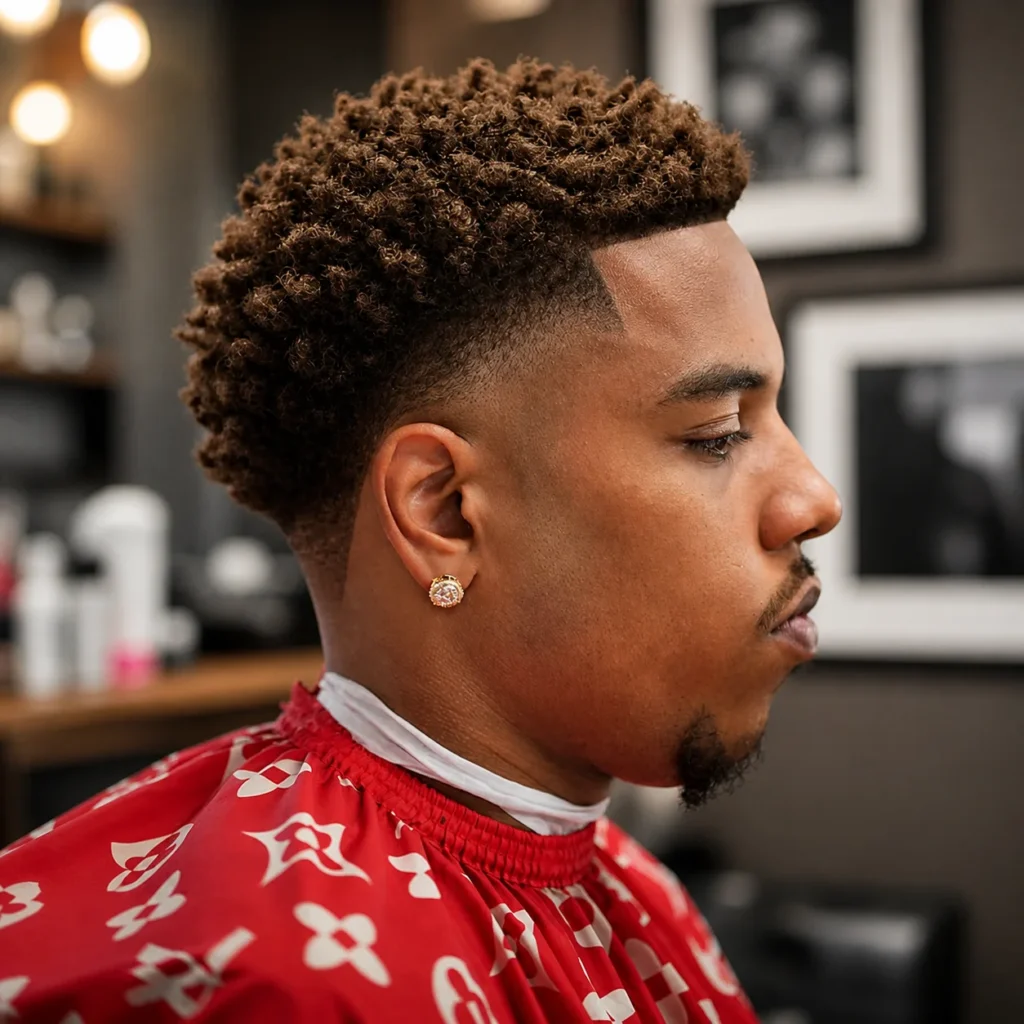 Potongan rambut high top curly fade dengan garis lineup yang tajam, sisi low fade yang bersih, serta rambut afro keriting bertekstur yang ditata di barbershop profesional.
