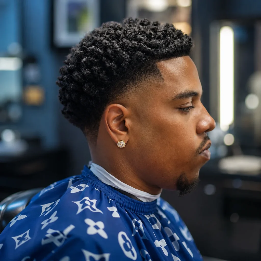 Potongan rambut temple taper fade dengan lineup yang tajam dan sisi rambut yang ditaper pada rambut hitam bertekstur, tampilan profil samping bergaya barbershop.
