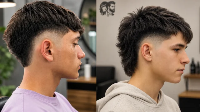 Side-by-side comparison of two modern burst fade haircuts featuring clean tapering, textured top, and sharp fade detailing in a professional barbershop setting – stylish inspiration for fade haircut trends.