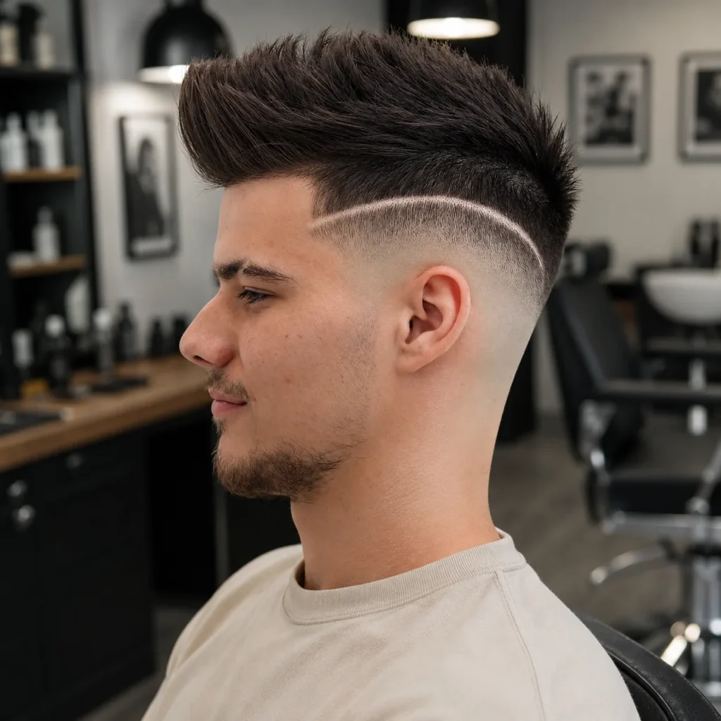Pria dengan gaya rambut textured quiff dan skin fade yang tajam, menampilkan desain garis cukur yang stylish, duduk di barbershop modern dengan janggut rapi dan pakaian kasual.