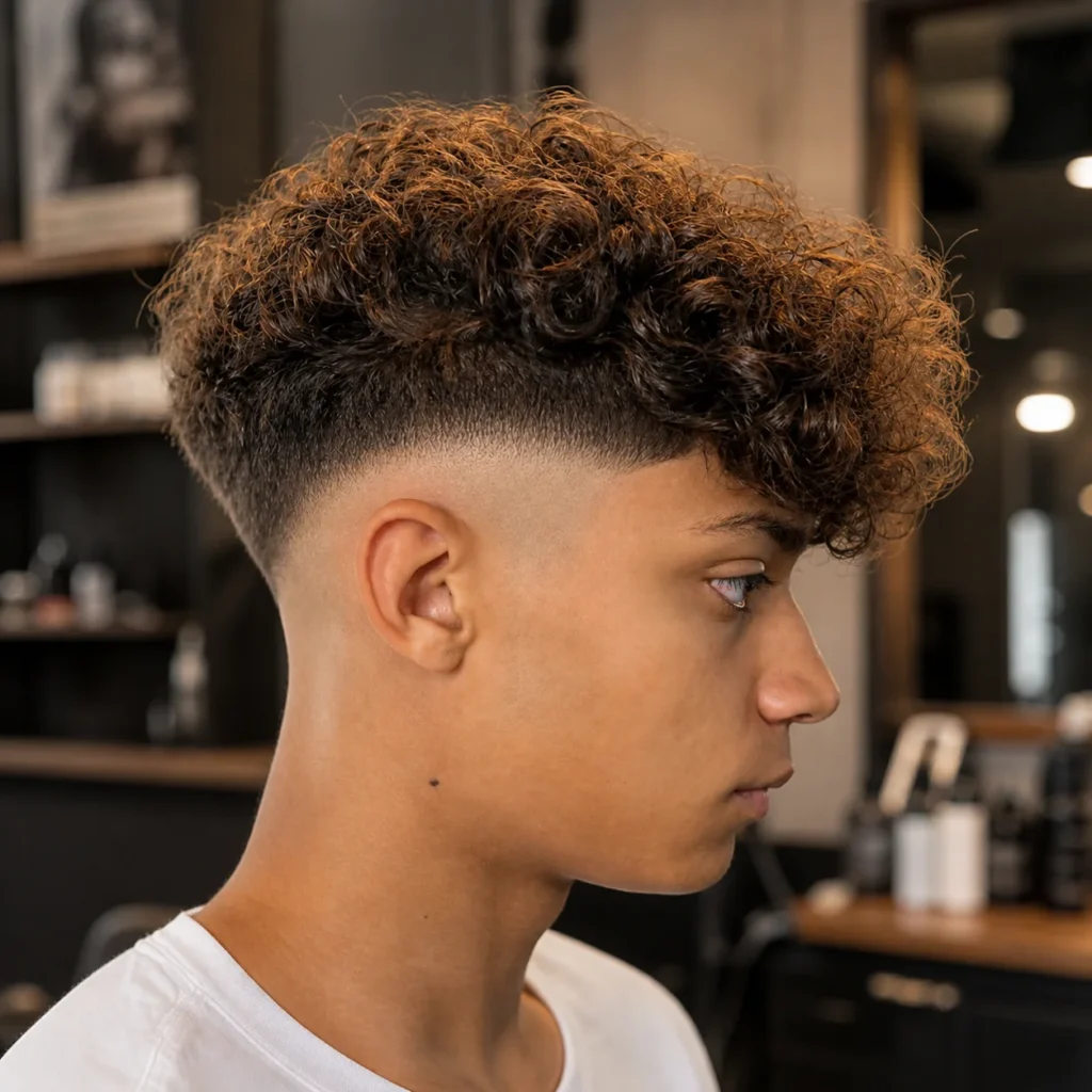 Curly top haircut dengan mid skin fade dan perpaduan fade yang halus di bagian samping, tampak samping seorang pria muda di barbershop, menampilkan inspirasi gaya fade haircut pria yang modern dan trendi.
