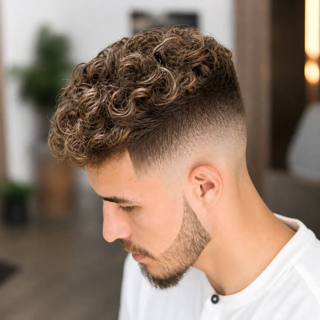 Curly textured top dengan potongan high skin fade, tampak samping seorang pria dengan garis janggut yang tajam dan fade yang menyatu rapi, menampilkan gaya fade haircut pria yang modern dan stylish untuk website fade haircut.

