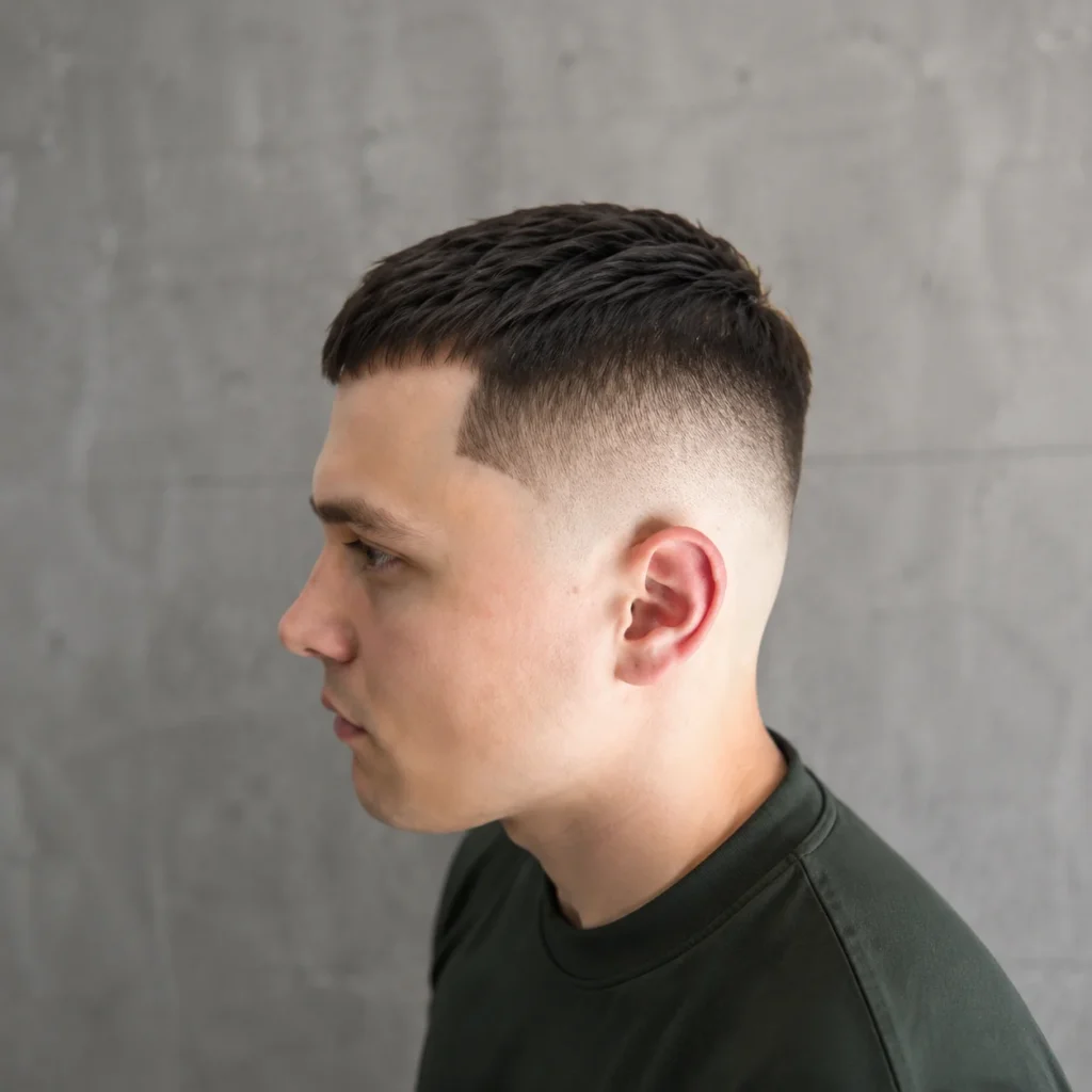 Side profile seorang pria muda dengan potongan rambut fade yang tajam, mengenakan kemeja hijau tua, dengan latar belakang abu-abu — gaya potongan rambut fade.
