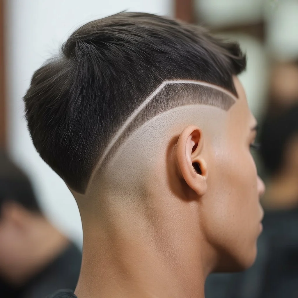 Potongan rambut **V drop fade** dengan garisan design yang tajam dan skin fade yang bersih, pandangan belakang dan sisi menunjukkan taper yang tepat serta gaya rambut lelaki moden untuk fadehaircut.blog
