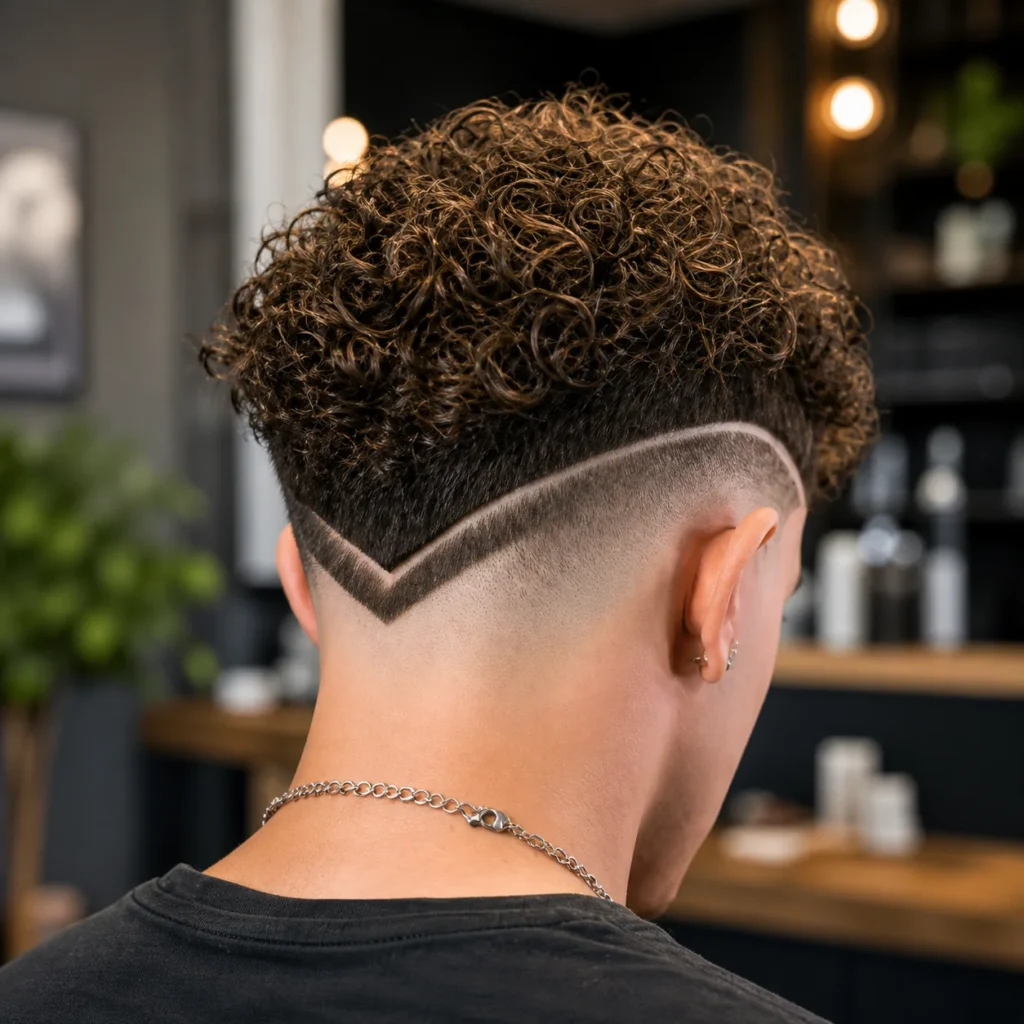 Potongan rambut curly burst fade dengan desain rambut berbentuk V yang tajam, skin fade yang bersih, serta ikal bertekstur yang ditata di barbershop modern.
