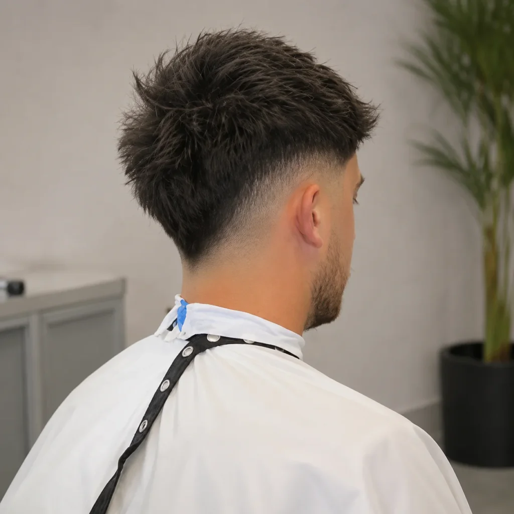 Tampilan belakang potongan rambut messy textured fade dengan rambut gelap, menampilkan low skin fade yang rapi di barbershop modern dengan latar belakang blur yang lembut.
