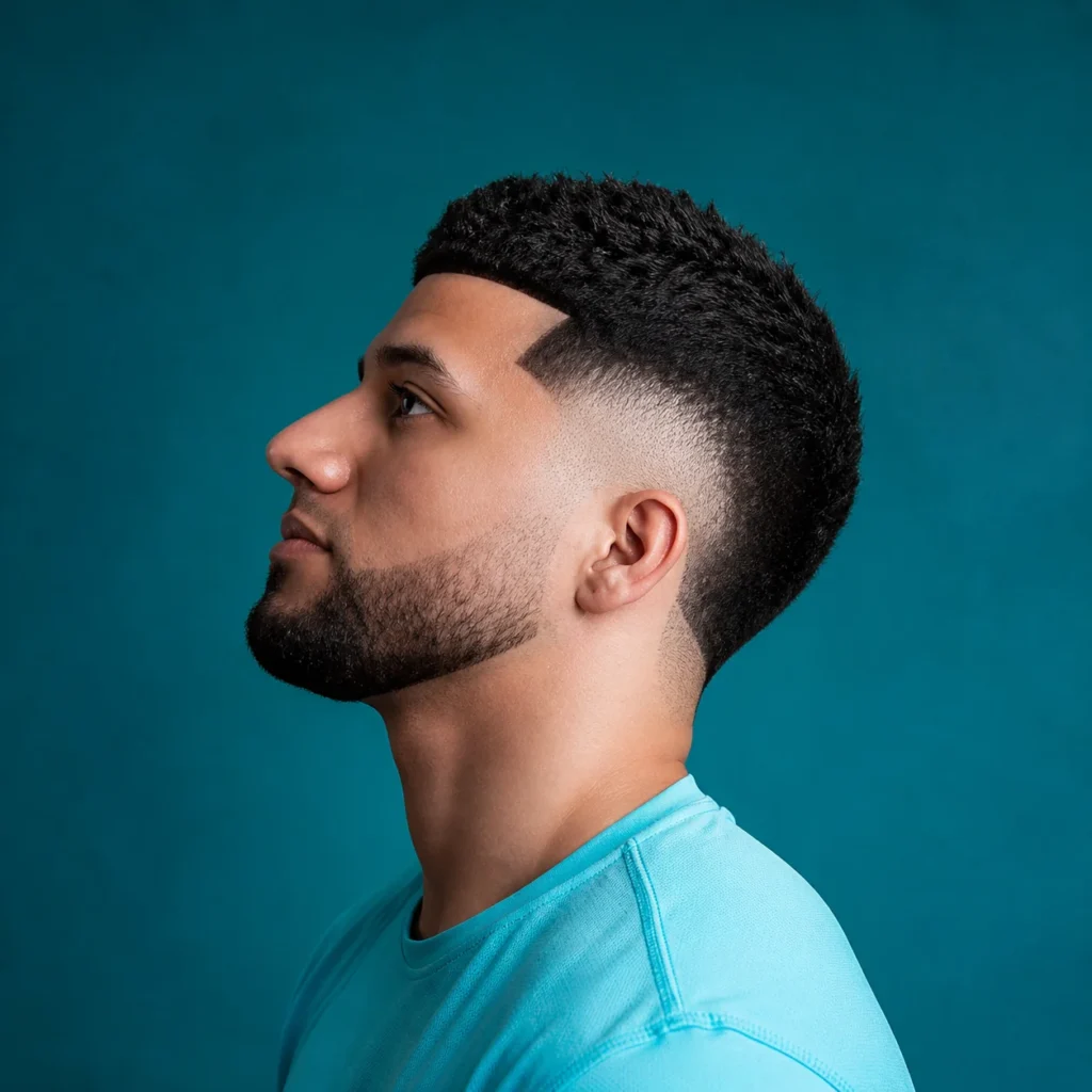 Profil sisi seorang lelaki dengan potongan rambut mid fade yang tajam dan bahagian atas kerinting bertekstur, menampilkan skin fade yang kemas serta janggut yang rapi dengan latar belakang berwarna teal.
