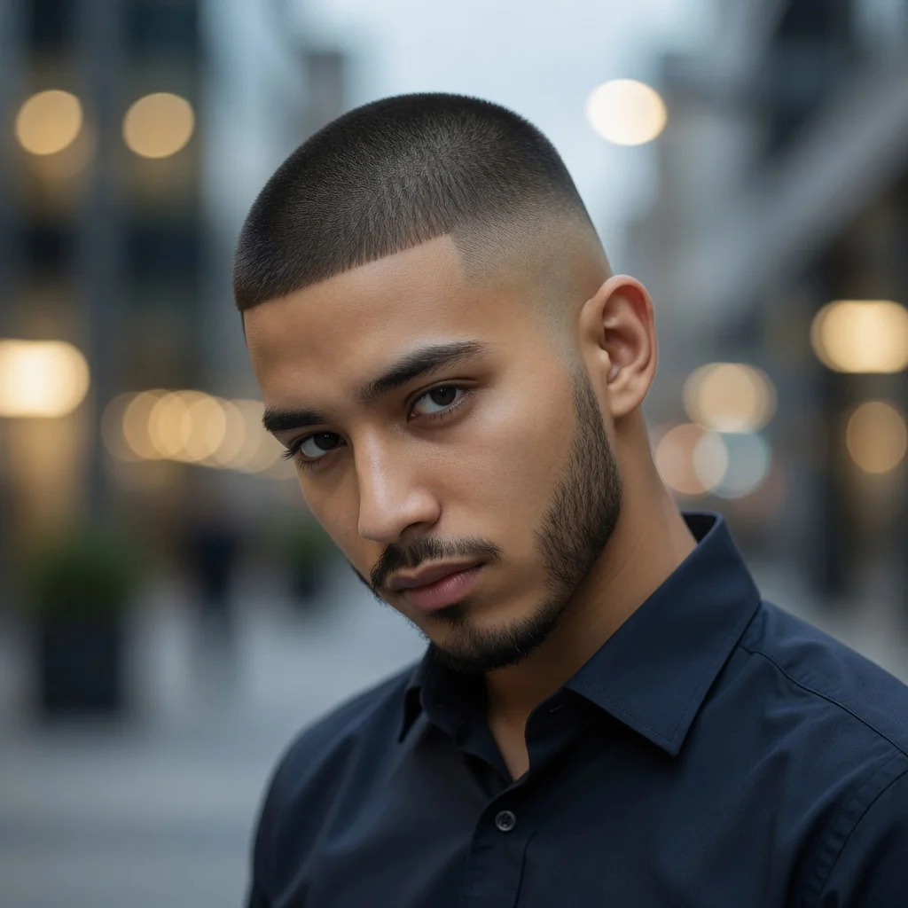 Potongan rambut buzz cut fade yang tajam pada seorang pria muda dengan garis rambut yang rapi, low skin fade, dan janggut yang dirapikan, mengenakan kemeja hitam dengan latar belakang jalanan perkotaan.
