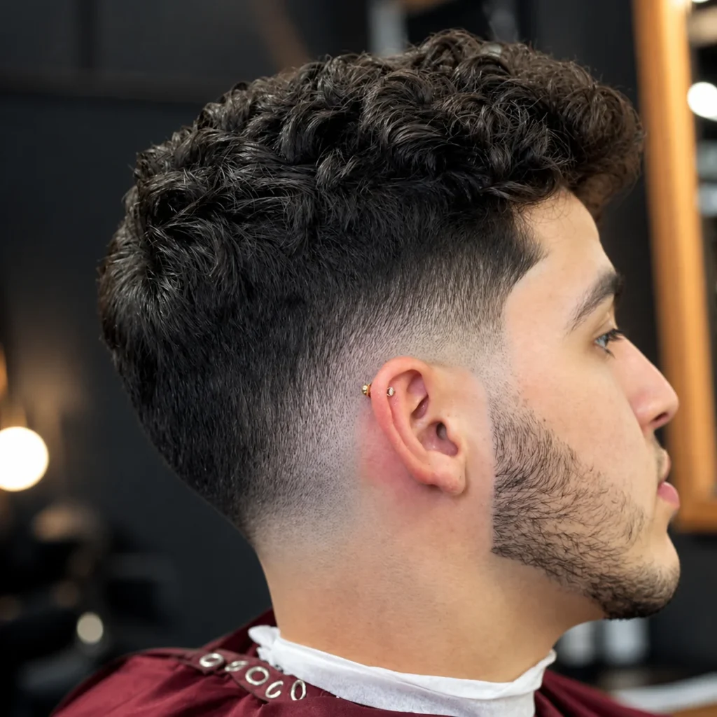 Gaya rambut pria dengan curly textured top dan potongan mid skin fade, dipadukan dengan garis janggut yang rapi serta taper tajam di sekitar telinga, dalam suasana barbershop modern – inspirasi potongan fade stylish untuk tampilan grooming yang keren.
