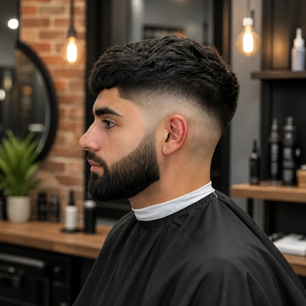 Potongan rambut **low skin fade** dengan garisan janggut yang kemas dan tajam serta bahagian atas bertekstur, pandangan sisi gaya rambut lelaki moden dalam suasana kedai gunting rambut profesional – fadehaircut.blog
