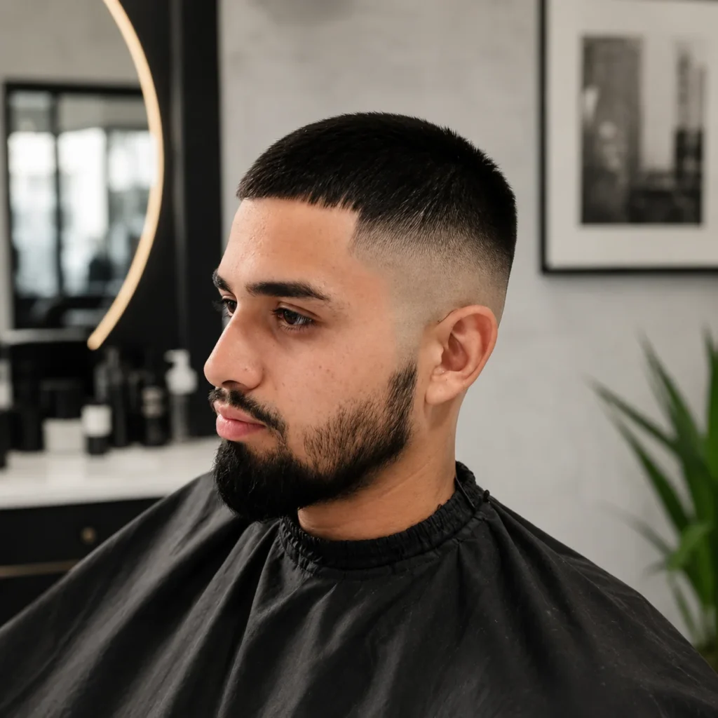Potongan rambut **bald fade haircut** dengan **textured crop top dan janggut penuh**, menampilkan garis rambut yang rapi (clean lineup) serta gaya barber pria modern dalam suasana barbershop yang terang.
