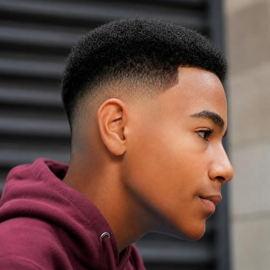 Pria muda berkulit hitam dengan potongan rambut fade tajam dan afro bertekstur di bagian atas, terlihat dari samping, mengenakan hoodie warna marun dengan latar belakang perkotaan modern yang blur.
