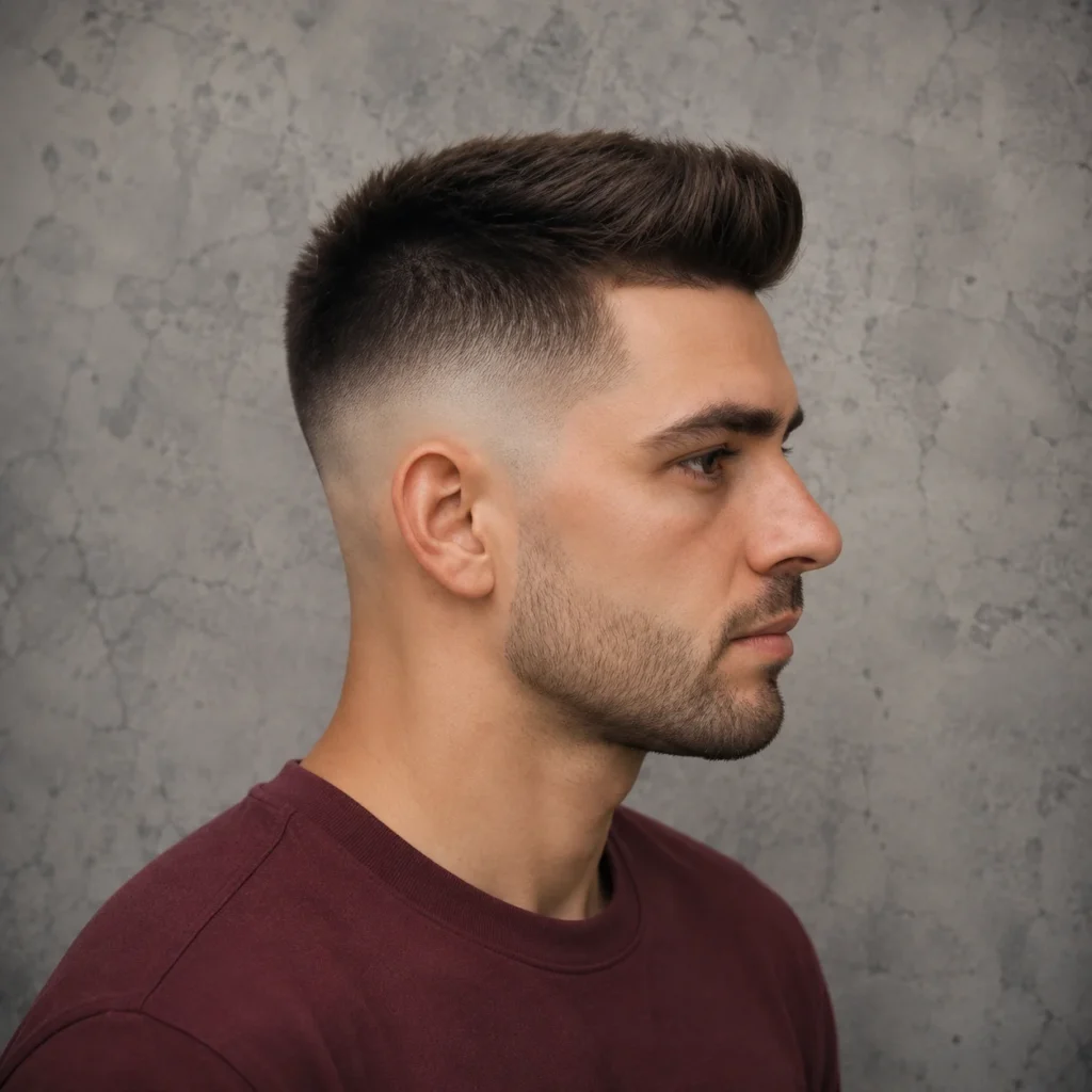 Tampilan samping seorang pria dengan potongan rambut mid fade rapi dan gaya rambut textured top, menampilkan sisi yang dibaur tajam serta tampilan fade haircut pria modern dengan latar studio yang stylish.