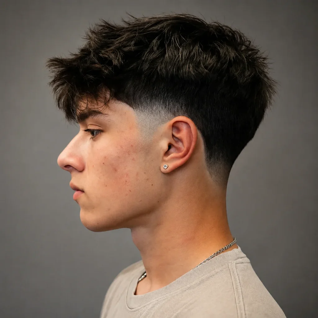 **Tampilan samping seorang pria muda dengan potongan rambut low taper fade modern, rambut gelap bertekstur, mengenakan kemeja berwarna krem dan rantai perak, dengan latar belakang abu-abu. Gaya ini menjadi contoh sempurna dari potongan rambut fade yang stylish, rapi, dan sedang tren di kalangan pria modern.**