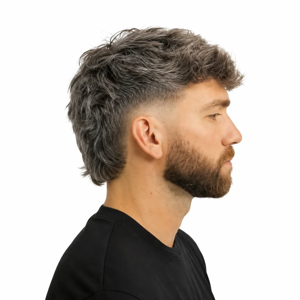 Gaya rambut mullet modern bertekstur dengan low skin fade dan janggut penuh, tampilan samping pria untuk inspirasi gaya rambut yang stylish dan kekinian.
