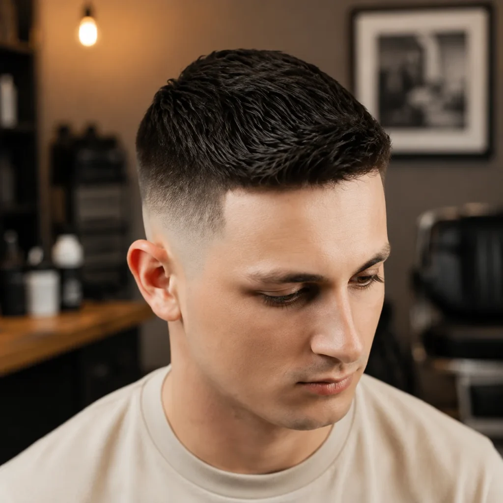 Potret close-up seorang pria muda dengan potongan rambut short fade modern, menampilkan bagian atas bertekstur tajam dan skin fade yang halus di bagian samping, dalam suasana barbershop yang stylish.