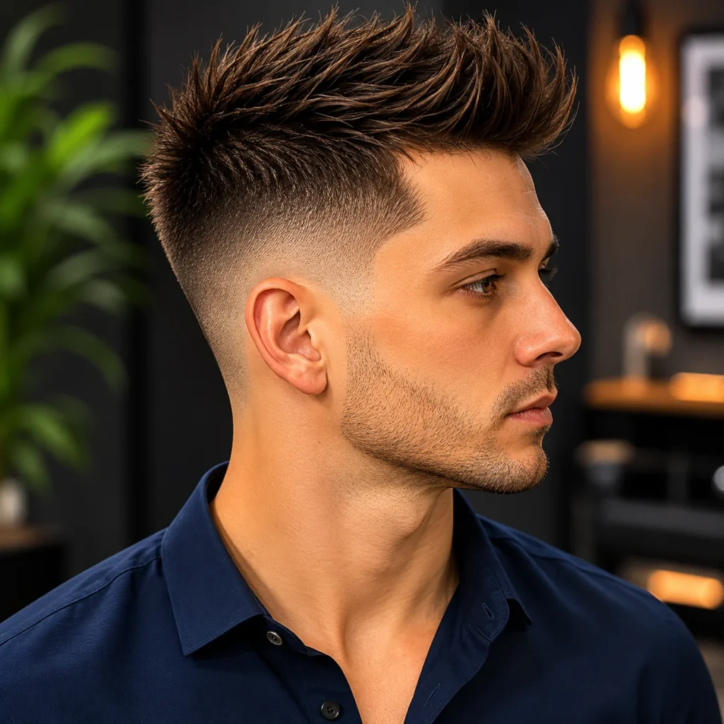 Tampilan profil samping seorang pria muda stylish dengan gaya rambut textured quiff yang tajam dan potongan skin fade yang rapi, mengenakan kemeja navy gelap di latar belakang studio bergaya barbershop modern.
