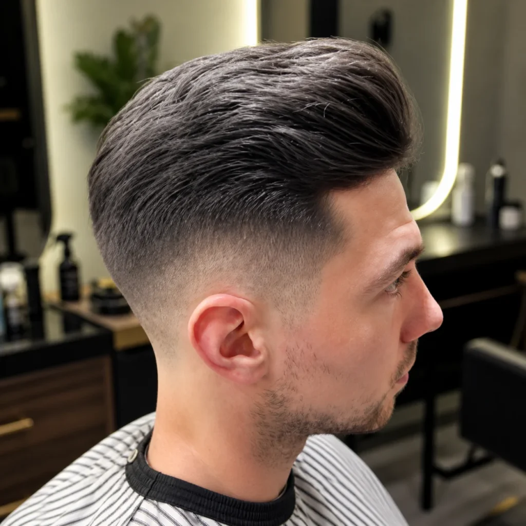 Lelaki dengan potongan rambut **mid fade yang licin** dan gaya rambut bertekstur yang disisir ke belakang dalam suasana kedai gunting rambut yang bergaya.
