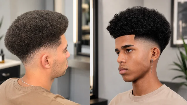 Gaya Fade Haircut Afro modern untuk pria dengan skin fade yang tajam dan bagian atas rambut keriting bertekstur, ditata di barbershop profesional.