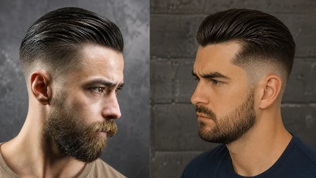 Dua pria dengan slick back fade haircuts yang menampilkan low skin fade yang rapi dan rambut gelap yang ditata dengan bersih, ditampilkan berdampingan dengan latar belakang studio modern, menampilkan gaya modern dan stylish ala barbershop.