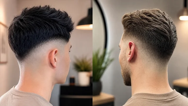 Perbandingan berdampingan dua gaya V Fade Haircut modern untuk pria, menampilkan taper fade yang rapi, perpaduan fade yang tajam, serta bagian atas rambut bertekstur dari sudut belakang dan samping dalam suasana barbershop indoor yang stylish. Cocok sebagai inspirasi gaya rambut pria trendi tahun 2026.