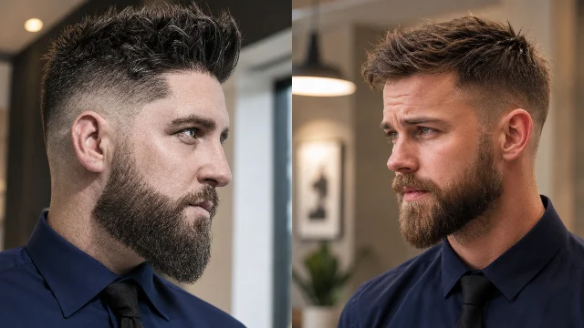 Perbandingan berdampingan dua potongan rambut pria bergaya Fade Haircut With Beard dengan bagian atas bertekstur, taper fade yang rapi dan tajam, serta janggut penuh, dalam suasana indoor modern. Gaya ini menampilkan inspirasi potongan rambut pendek pria yang sedang tren dengan tampilan bersih, maskulin, dan modern.