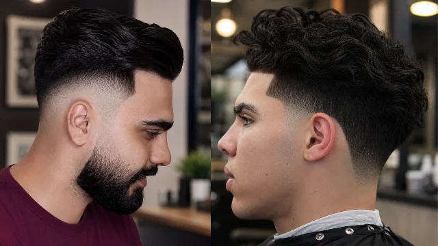 Dua pria menampilkan potongan rambut temple fade yang rapi di barbershop modern. Gaya di sebelah kiri menampilkan rambut bagian atas yang disisir ke belakang dengan rapi, temple fade yang tajam, dan janggut penuh, sedangkan gaya di sebelah kanan memiliki rambut keriting bertekstur di bagian atas dengan temple fade yang halus untuk tampilan modern dan stylish.