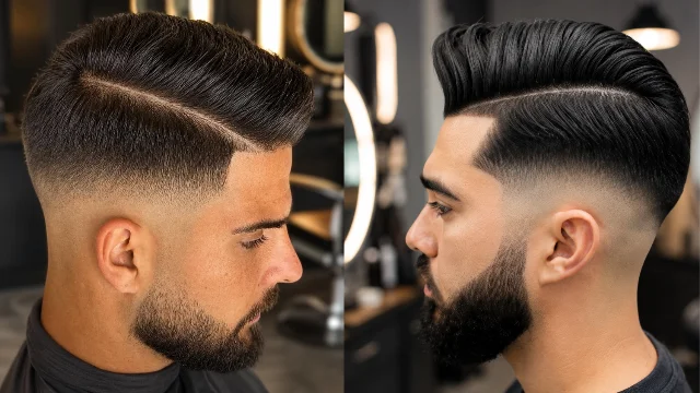 ampilan berdampingan dua gaya comb over fade haircut yang stylish, menampilkan skin fade yang tajam, janggut yang rapi, dan rambut yang disisir dengan teratur di lingkungan barbershop modern.