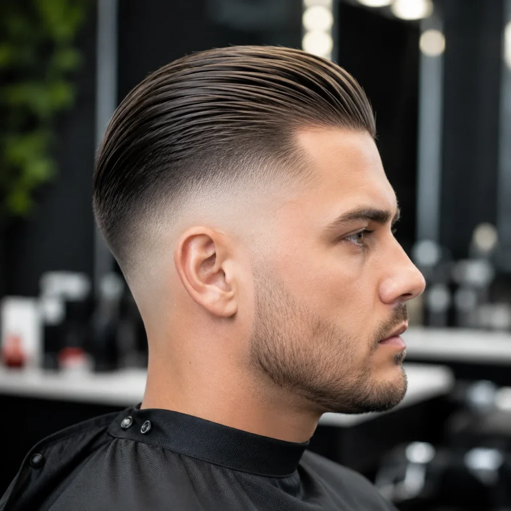 Pandangan sisi seorang lelaki dengan potongan rambut Bald Fade Slick Back, menampilkan skin fade yang kemas, rambut atas yang licin dan disisir ke belakang, serta perincian janggut yang tajam dalam suasana kedai gunting rambut moden.