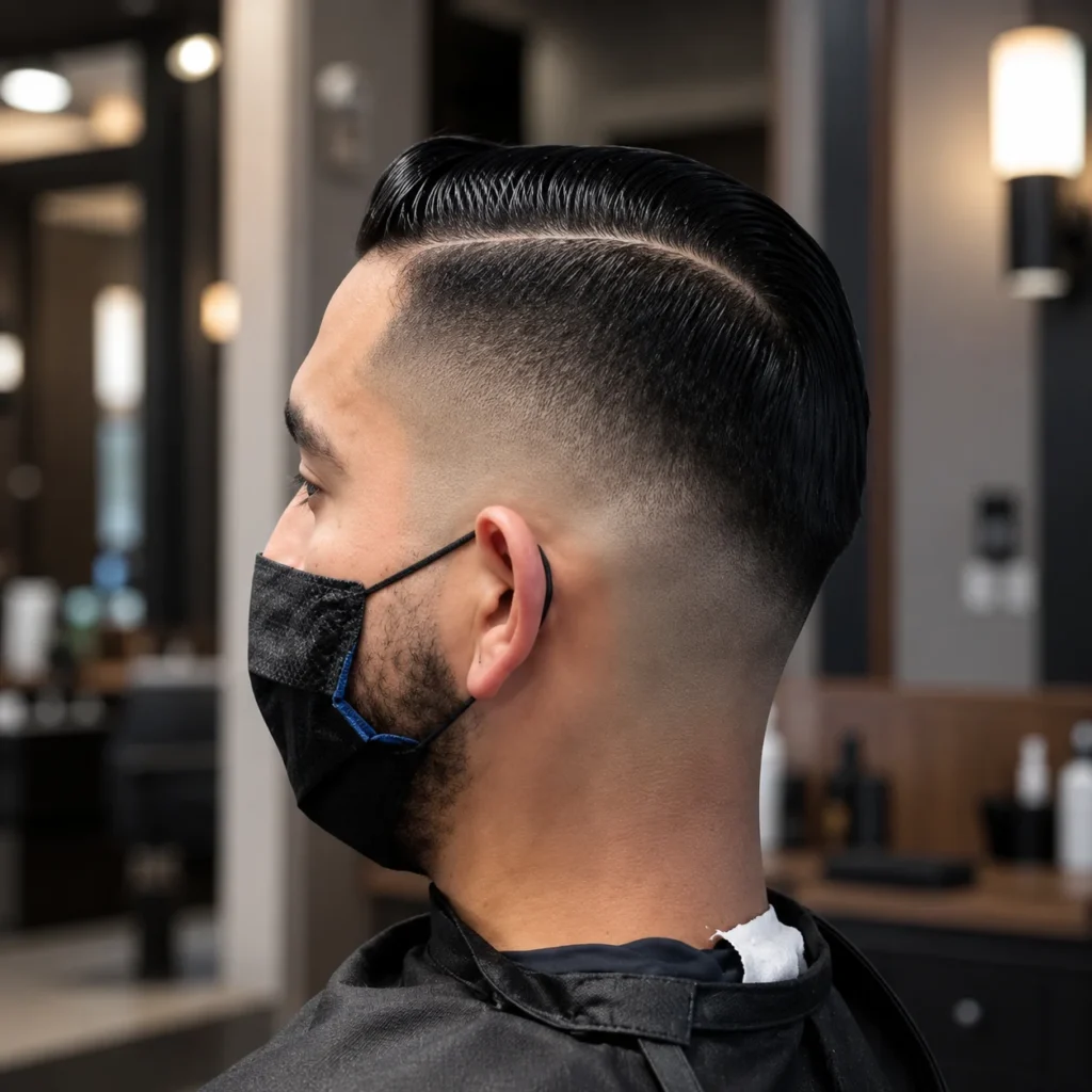 Seorang lelaki dengan gaya rambut comb-over yang disisir ke belakang dan potongan rambut high skin fade di sebuah barbershop moden.