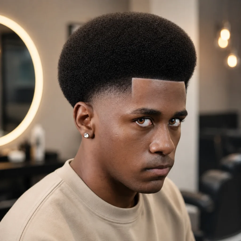 Afro Fade Haircut untuk pria kulit hitam dengan lineup yang tajam, menampilkan skin fade yang rapi dan bentuk rambut yang terdefinisi dengan baik. Potret ini diambil di dalam ruangan dengan pencahayaan lembut, menonjolkan gaya rambut yang modern dan stylish.
