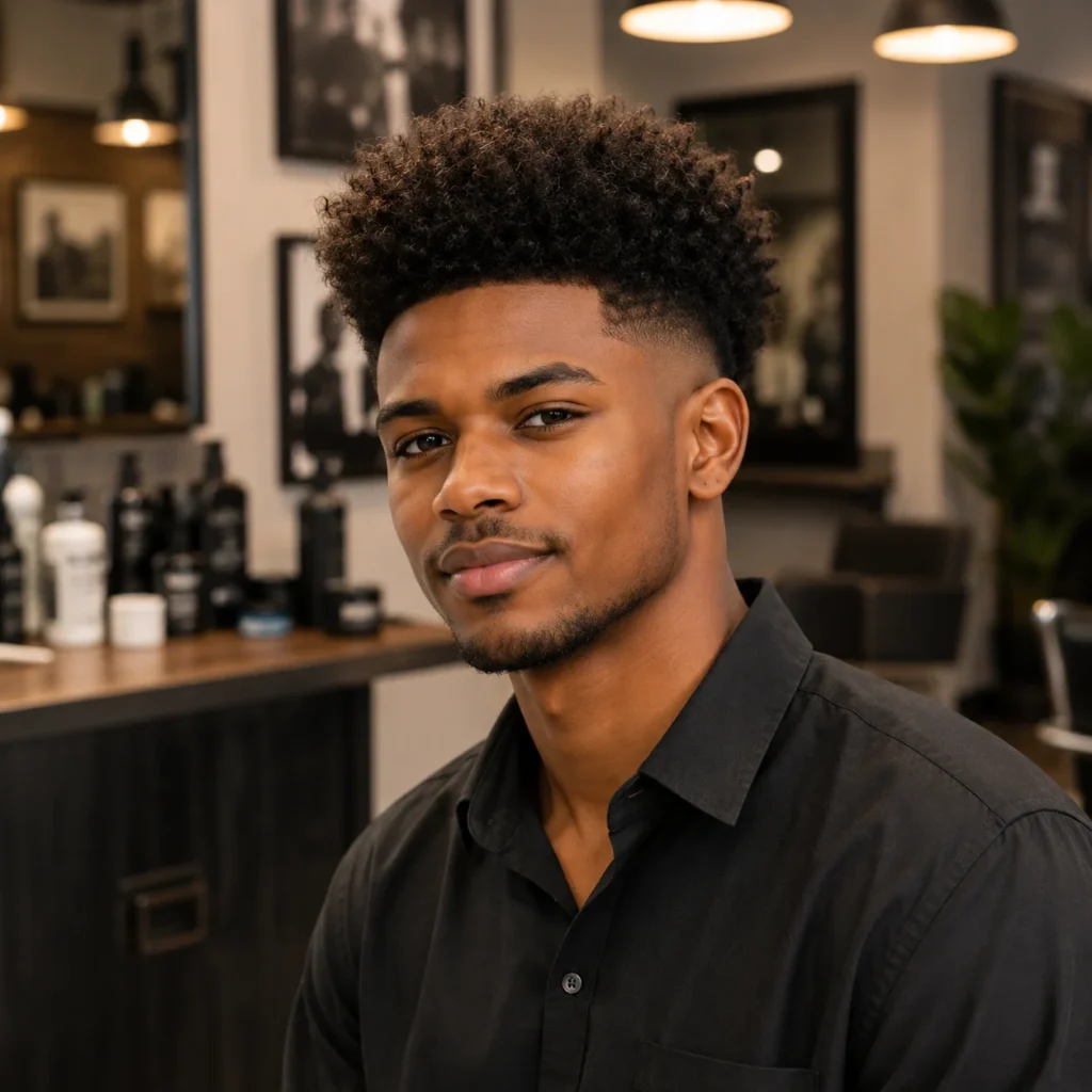 Afro dengan High Taper Fade Haircut pada seorang pria muda dengan potongan rambut keriting high fade di barbershop indoor modern.