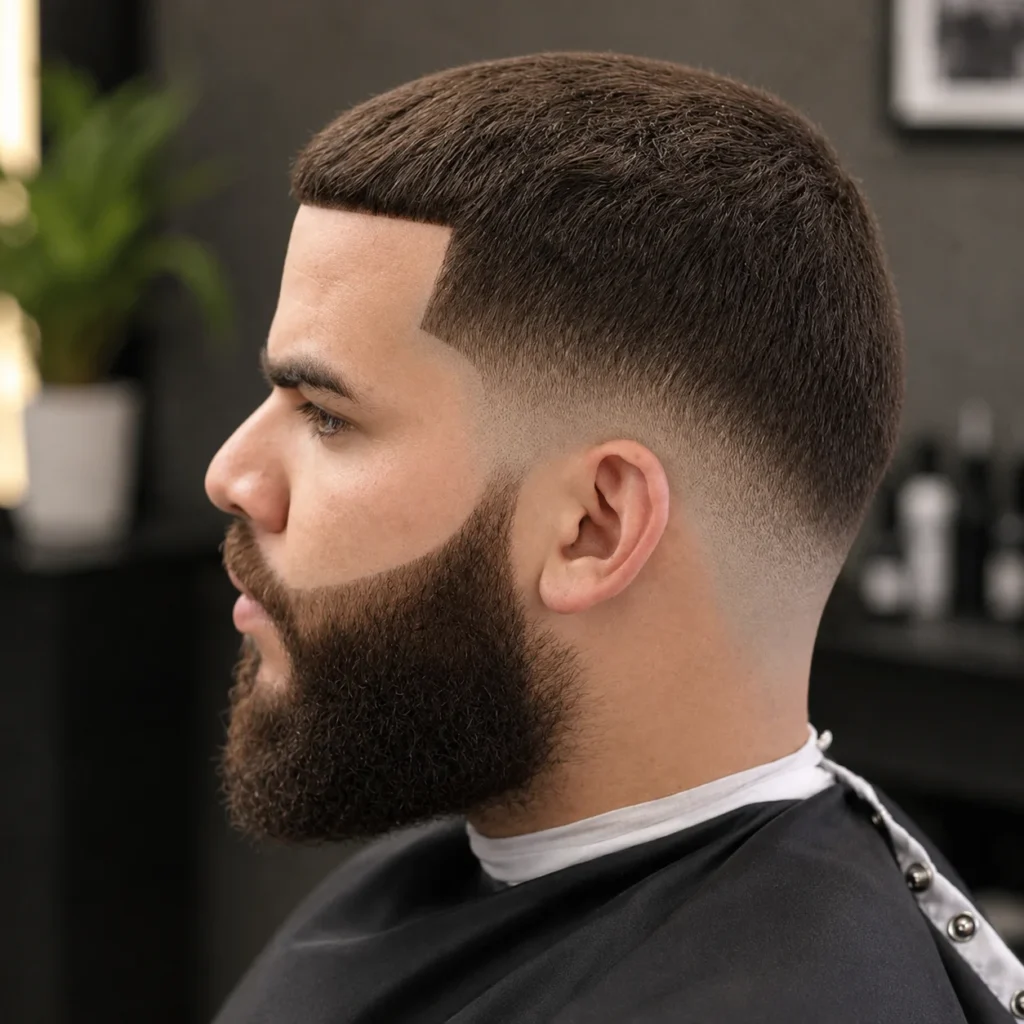 Seorang lelaki dengan potongan rambut buzz cut fade yang kemas, garis lineup yang tajam, serta janggut penuh yang tebal, ditunjukkan dalam potret sisi di kedai gunting rambut yang menonjolkan gaya rambut lelaki moden dan rapi