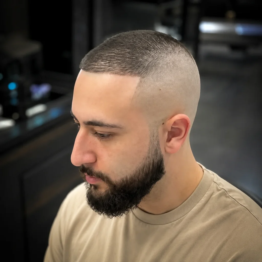Potret profil sisi seorang lelaki dengan potongan rambut buzz cut fade yang tajam dan janggut penuh, memakai T-shirt beige dalam kedai gunting rambut moden di dalam bangunan.