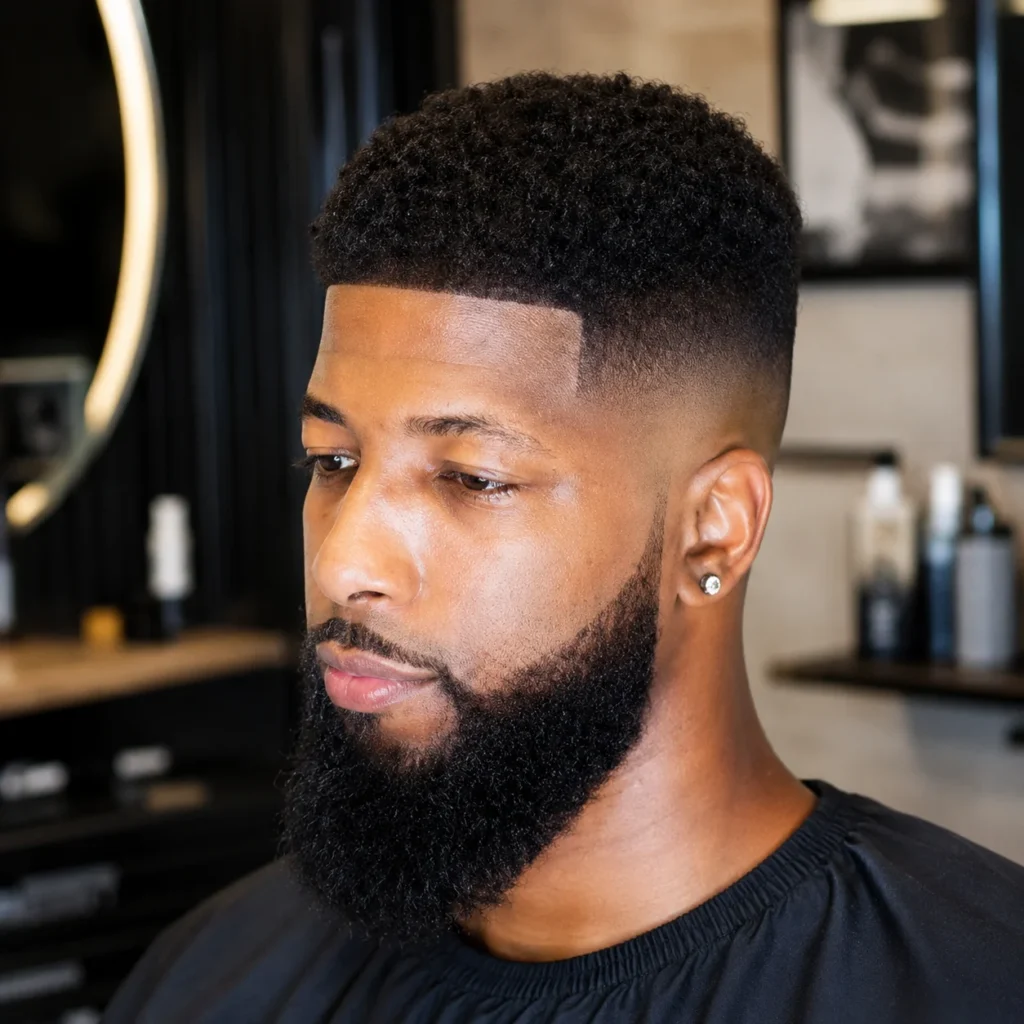 "Seorang lelaki berkulit hitam dengan potongan rambut high fade, bahagian atas berambut kerinting, dan janggut penuh di dalam suasana kedai gunting rambut moden.