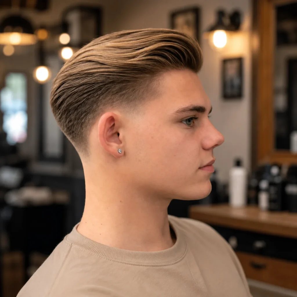 Profil sisi seorang lelaki muda dengan potongan rambut slick back taper fade, menampilkan rambut coklat muda yang disisir ke belakang dengan kemas dan low fade yang bersih di bahagian sisi.