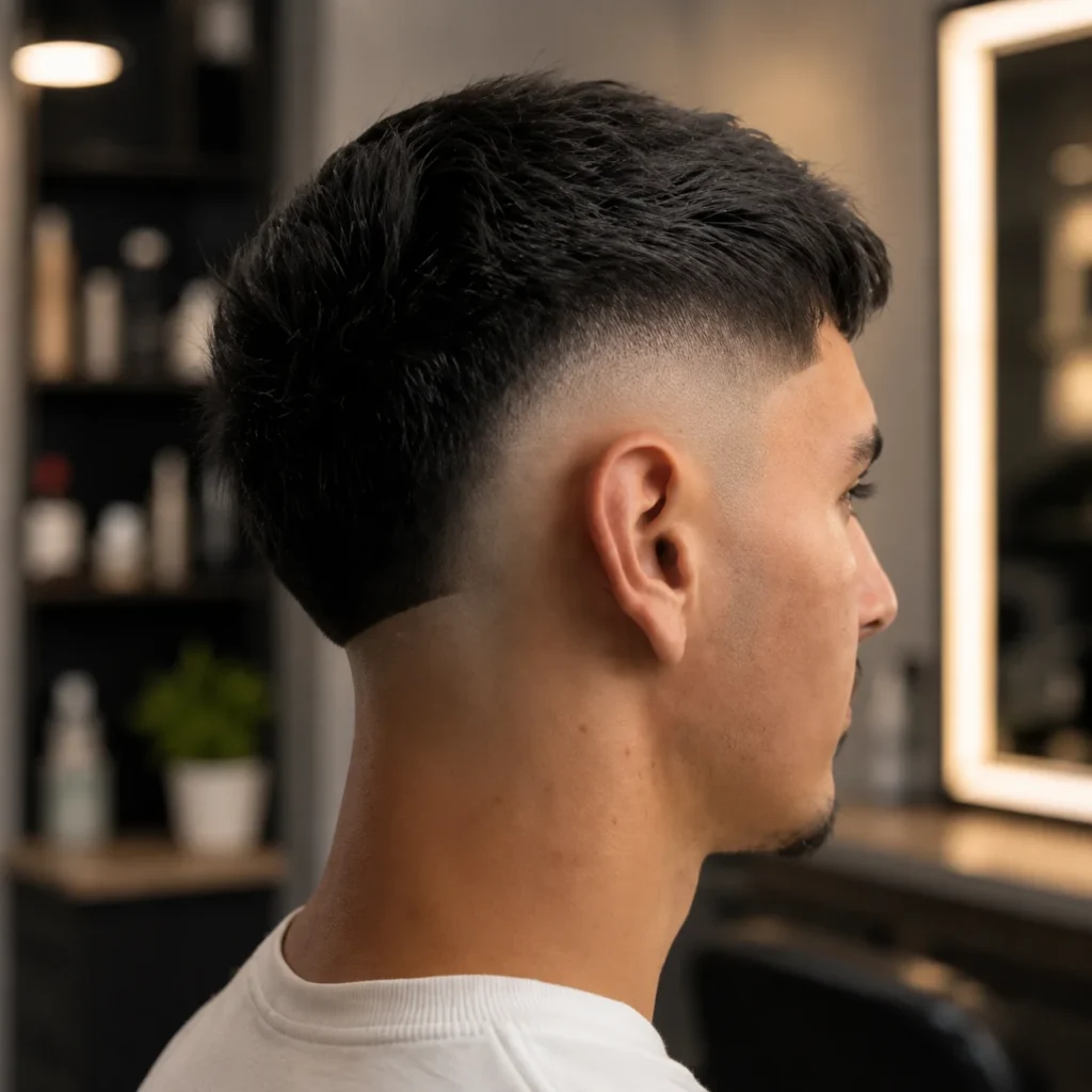 Potongan rambut Burst Fade V Cut dengan gaya crop klasik, mid fade yang kemas, dan garis leher yang tajam, dipaparkan dari sudut sisi di sebuah barbershop moden dalam suasana dalaman.
